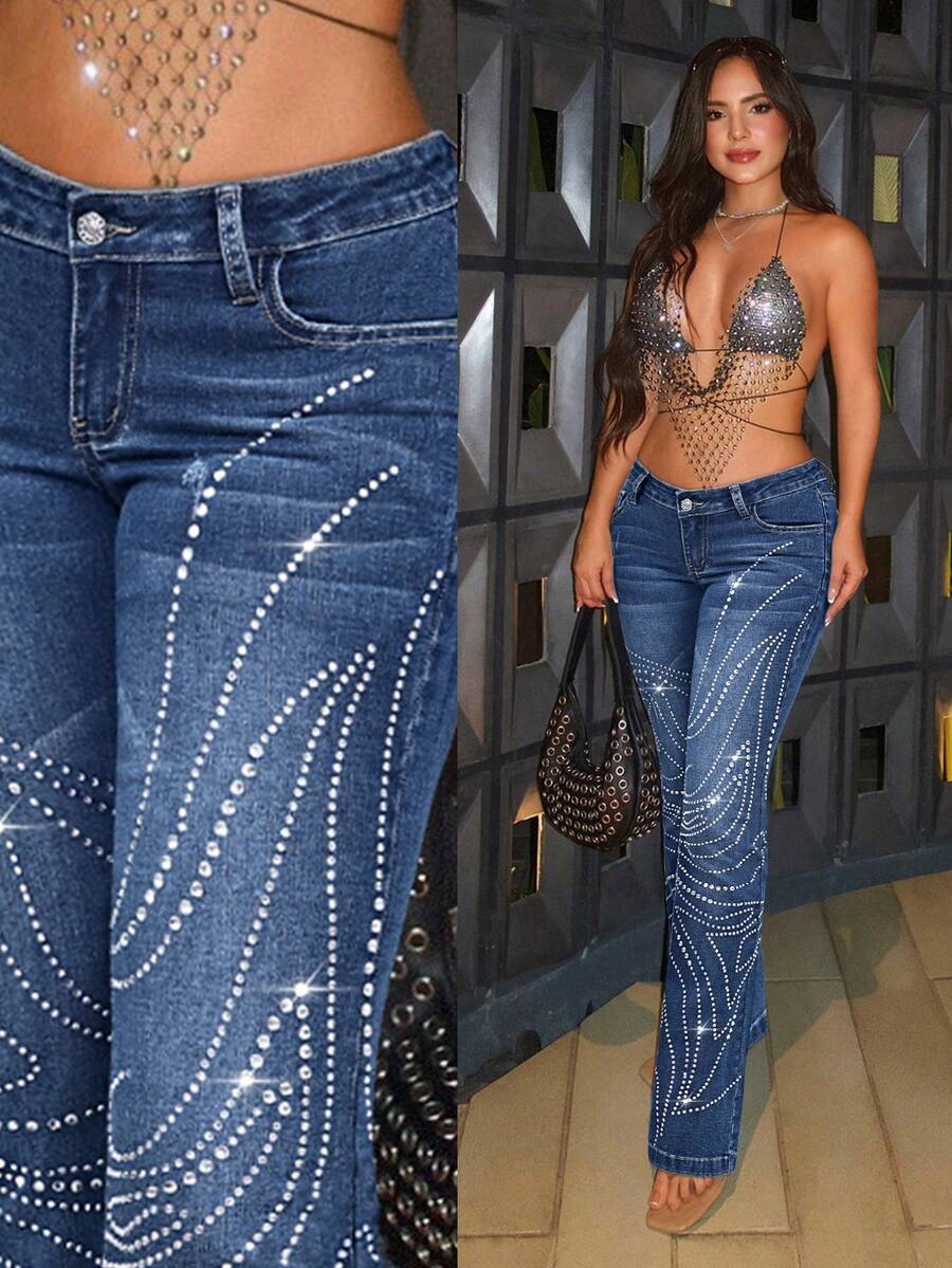 Jeanoix Women's Low Waist Fitted Rhinestone Embellished Flare Jeans - Dark Wash - View 1