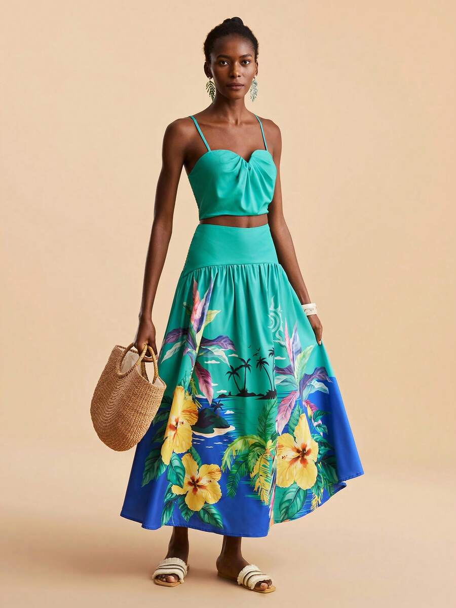 Travachic Conjunto de camiseta de tirantes acortada con pliegues y falda de cintura alta con estampado tropical, conjunto de vestir de verano casual para vacaciones en la playa, atuendo de primavera y verano para vacaciones, ropa de playa para mujeres, conjunto casual para mujeres, conjuntos casuales para mujeres, atuendos de vacaciones para mujeres - Verde - Ver 1