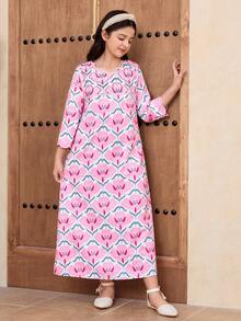 SHEIN 少女碎花圆领长袖连衣裙 - 粉色 - 查看 5