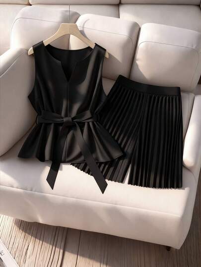 GlowEve CURVE Plus Size Women 2 Pieces Set Solid Color Tank Top And Pleated Casual Pants, Versatile