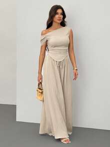 SHEIN Tall 2pcs/Set 2025 Spring & Summer New Collection Music Festival, Easter, St.Patrick's Day, Western Style, Nomadic Style, Birthday Party, Graduation Season, Collegiate Style, Student Wear, Casual Everyday Asymmetrical Shoulder Design Ruched Hem Cropped Top And Textured Fabric Wide Pants Two Pieces Set - Apricot - View 6