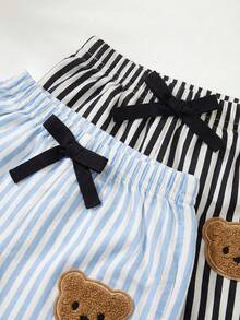 SHEIN Playful Pals 2件套男婴夏季休闲纯色短袖T恤和条纹熊印花短裤套装 - 彩色 - 查看 7