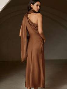 Aveloria Rosie Elegant Commute & Vacation Asymmetric Satin Dress - Brown - View 2