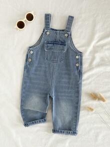 SHEIN Vintaside Kids 男婴牛仔背带裤，复古水洗牛仔面料，时尚舒适，可个性化定制，前口袋，可调节肩带，宽松舒适，适合日常外出、度假、居家、聚会等场合，是一款四季皆宜的百搭时尚单品。 - 藍色 - 查看 4