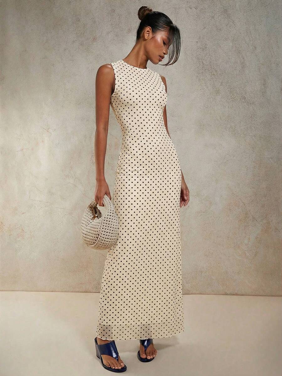 COSMINA 女士波点印花圆领无袖修身优雅连衣裙，波点连衣裙，奶油色波点连衣裙，女士长款连衣裙，无袖长款连衣裙 - 杏色 - 查看 1