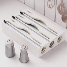 1 pieza Dispensador de plástico de bambú, Caja de almacenamiento de papel de aluminio y envoltorio de plástico 3 en 1, Adecuado para la cocina - Vuelta al colegio - Marrón - Ver 3