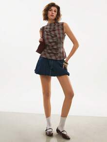 Poéselle 女士时尚褶皱红色格子无袖上衣，夏季 - 彩色 - 查看 7