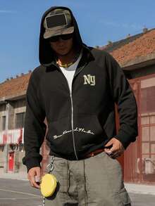 DAZY Spring/Autumn Letter Print Black Street Style Short Men's Hooded Sweatshirt Sweatshirt - Black - View 3