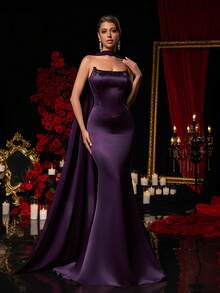 Glamrae Vintage Eggplant Purple Formal Evening Gown,Handmade Tassel Fish Bone Design Mermaid Hem Mesh Dress,Business Formal Guest Dress For Women - Purple - View 5