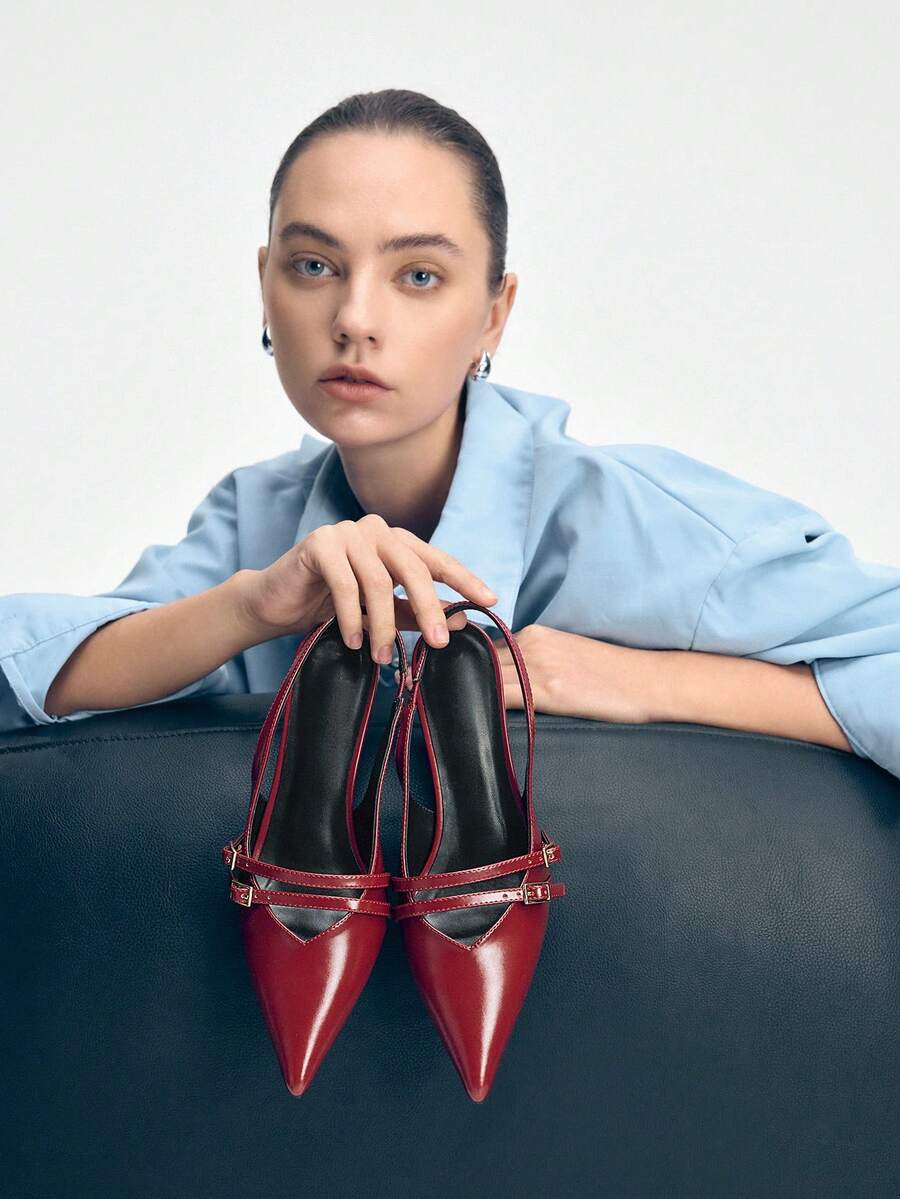 Mnmlis Pointed Toe Backless Heeled Sandals, Casual & Commuting Valentine's Day - Burgundy - View 1