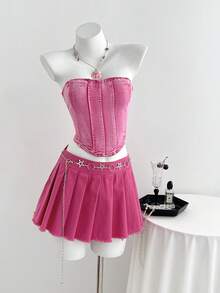 Elamini Women's Casual Versatile Denim Skirt With Pleated Ruffled Hem - Pink - View 5