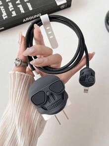 4件套卡通骷髅头造型充电头保护套，绕线设备保护套，兼容苹果18/20W快充头卡通充电器保护套 - 黑色 - 查看 4