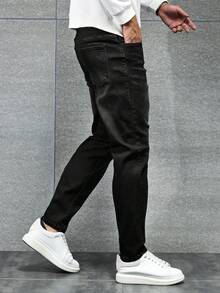 Manfinity Homme 加大码男士经典深蓝色修身复古休闲牛仔裤，四季皆宜 - 黑色 - 查看 7