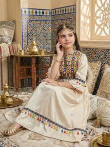 SHEIN Modisches und elegantes Kleid für Tween-Mädchen mit Blume Muster-Patchwork-Anhänger-Dekor - Aprikosenfarben - Übersicht 6