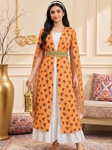 SHEIN Conjunto informal de 2 piezas para adolescentes con bata de flores diminutas amarillas y blancas con ribete de contraste, cintura ceñida y abertura, para vacaciones - Naranja - Ver 3