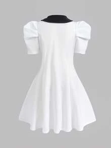 SHEIN 少女优雅翻领撞色羊腿袖连衣裙 - 白色 - 查看 3