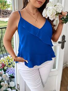 Reflora Plus Size Women Solid Color Ruffle Trim Camisole - Royal Blue - View 4