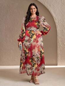 Ellevyn Plus Size Elegant Party Floral Print Dress - Red - View 4