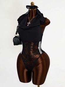 Mistrie Áo liền thân nữ thời trang gợi cảm, phối ren, xuyên thấu, hở lưng, có mũ trùm đầu, thích hợp cho mùa hè. - màu đen - Xem 6