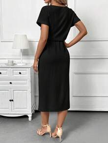 SHEIN Clasi Apricot Vacation Round Neck Short Sleeve Fitted Mid-Length Dress For Women, Suitable For Summer Casual, Holiday, Daily Commute - Black - View 2