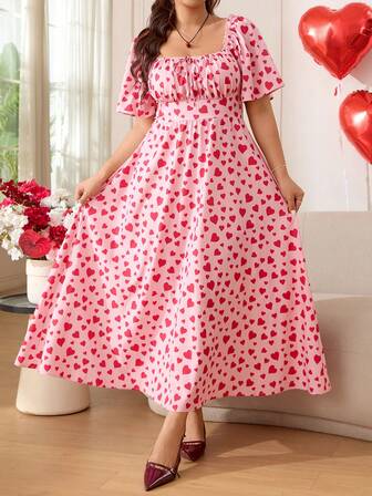 Solflare Plus Size Women's Casual Valentine's Day  Heart Print Front Tie Square Neck Short Sleeve Casual Dress, Spring/Summer,Elegant Party,Pink