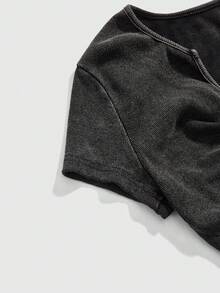 ROMWE Avant Áo thun nữ dáng ngắn cổ chữ V thắt nút kiểu cổ điển - màu nâu - Xem 4