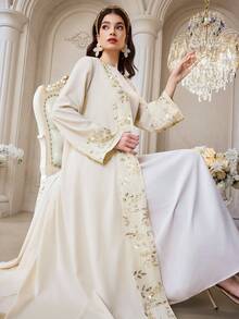 Al Najma Nueva chaqueta tipo cárdigan elegante, suelta y versátil con bordado de lentejuelas y vibra romántica para fiestas, banquetes y vacaciones - Albaricoque - Ver 3