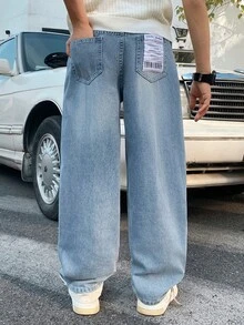 青少年男孩时尚休闲复古酷炫街头宽松舒适清爽后袋设计蓝色牛仔宽松锥形牛仔裤，适合日常穿着以及春夏锐舞节和街头服饰。 - 藍色 - 查看 2