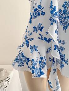 Soleia Áo kiểu Bohemian Boho cổ yếm hở lưng in hoa lãng mạn, xếp ly, thích hợp cho nữ, mùa xuân/hè. - Màu xanh lam - Xem 5