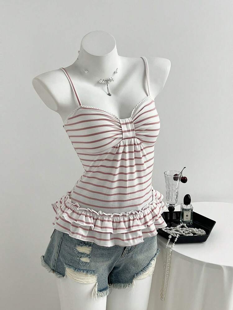 Flirla Áo hai dây ôm sát màu hồng kẻ sọc, viền bèo nhún, dành cho nữ, thích hợp cho mùa hè. - Hồng - Xem 4