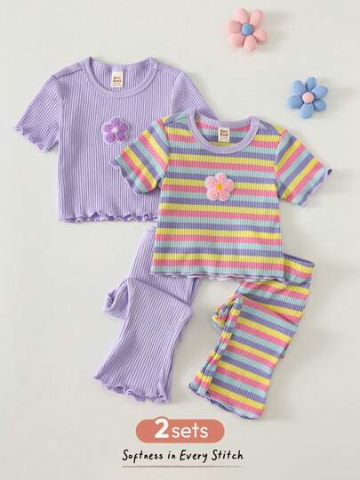 Cozy Pixies 4pcs Baby Girl Colorful Striped Cartoon Floral Print Crew Neck Short Sleeve Top And Elastic Waist Pants Set Baby Summer Sets Baby Girls Sets Baby Casual Sets