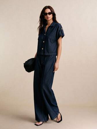 Poéselle 女士翻领单排扣短袖上衣搭配阔腿牛仔裤休闲装