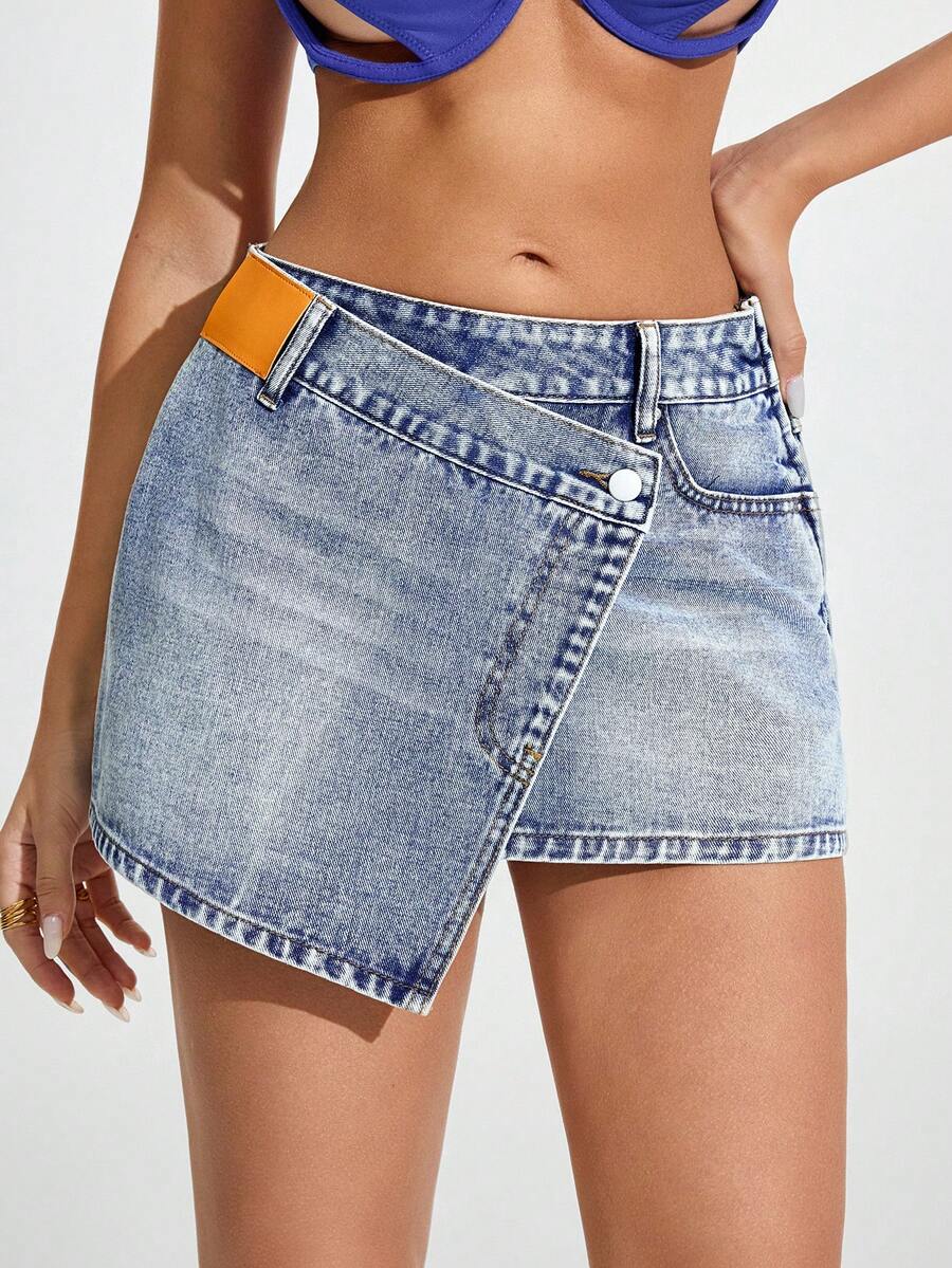 Jeanoix Women's Casual Fashion Street Style Overlap Waist Asymmetrical Hem Washed Denim Mini Skirt, Summer - Blue - View 1
