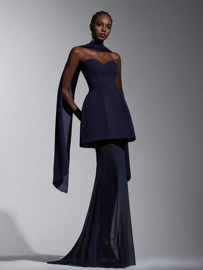 Elitara 优雅简约海军蓝弹力针织拼接网纱抹胸美人鱼伴娘礼服