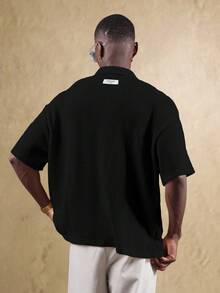 SUMWON 男士短款修身短袖度假 Polo 衫，开放式针织图案，夏季休闲高尔夫翻领上衣，纯色 - 黑色 - 查看 2