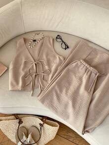 SHEIN EZwear 卡其色编织系带背心和裤子女士休闲套装 - 摩卡棕 - 查看 4