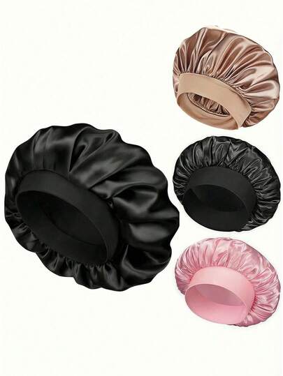 2pcs Silk Bonnet For Sleeping, Satin Hair Bonnets, Soft Elastic Band Silk Sleep Cap, Silk Hair Wrap For Curly Hair (Black Gold) Home Bathroom Decor Summer Hair Bonnet Bonnet,Bonnet Silk,Silk Bonnet,Bonnet Silk,Silk Bonnet
