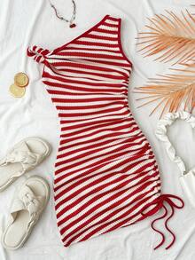 Teen Girls Striped Asymmetric Ruched Snug Fit Mini Dress, Casual Vacation Beach Party Dress - Red and White - View 2