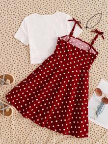 SHEIN Tween Girl Solid Color Round Neck Short Sleeve Top And Polka Dot Camisole Dress Casual Daily Outfit Set - Red and White - View 3