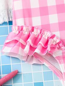 SHEIN Young Girls/Young Girl Cute Bow-Decorated Ruffled One-Piece Swimsuit,Light Pink Plaid Swimsuit