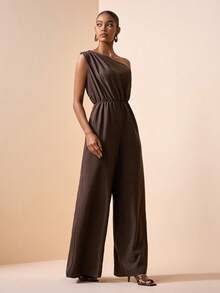Zivah Women's Solid Color Ruched Asymmetric Shoulder Casual Jumpsuit, Suitable For Daily, Travel, Commute - Mocha Brown - View 5