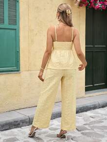 SHEIN 两件套休闲黄色碎花吊带背心和松紧腰裤孕妇套装 - 黃色 - 查看 2