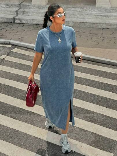 Muchica Blue Knitted Plus Size Denim Style Midi Dress For Women With Short Sleeves And High Neck Casual Split