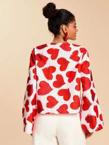 Travachic Women Boho Red White Heart Print Shawl Collar Long Sleeve Knot Front Blouse - Red and White - View 2