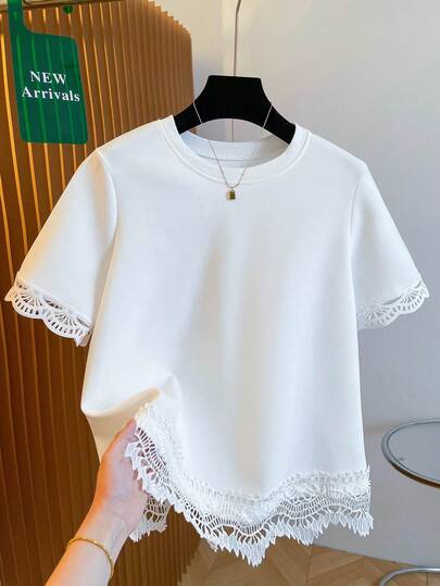 Airaco Plus Size Women's Solid Color Round Neck Short Sleeve Loose Casual Lace Trim T-Shirt