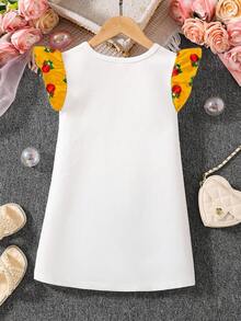 女童可爱甜美撞色碎花印花短袖连衣裙，适合春夏穿着，可作礼物，女童服装，中东风格舒适连衣裙，适合日常和户外穿着，可作礼物 - 彩色 - 查看 3