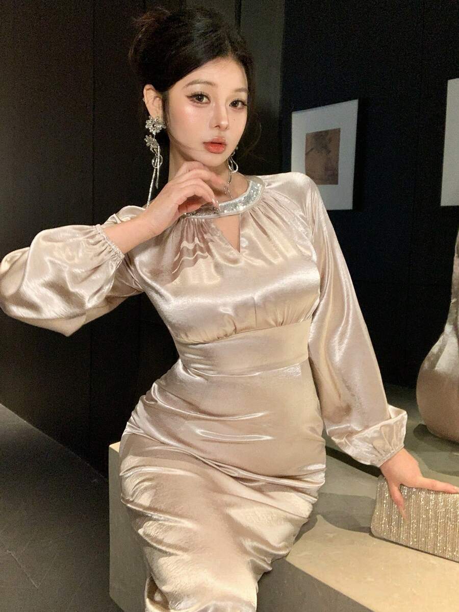 DAZY 女士优雅亮片拼接褶皱长连衣裙，春夏婚礼宾客礼服 - 粉色 - 查看 1