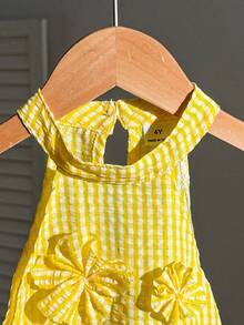 Toddler Blue & White Striped Halter Top & 3D Flower Long Pants T-Shirt Set, Suitable For Travel, Vacation, And Daily Wear - Yellow - View 5