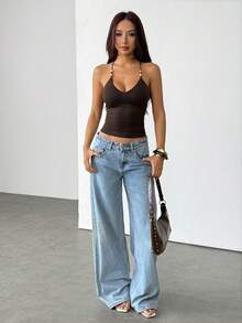 SHEIN PETITE Áo hai dây màu nâu đính hạt cho nữ, áo hai dây ôm sát gợi cảm kiểu retro mùa hè, áo không tay đi biển màu nâu sô cô la cho nữ, áo gợi cảm - màu nâu - Xem 7