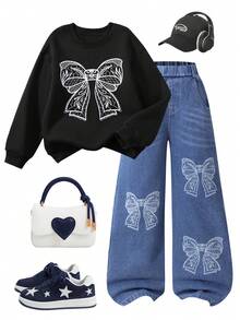 2pcs/Set Tween GirlsCasual Loose Butterfly Print Sweatshirt & Pink Washed Loose Butterfly Embroidered Straight Leg Jeans - Black - View 4